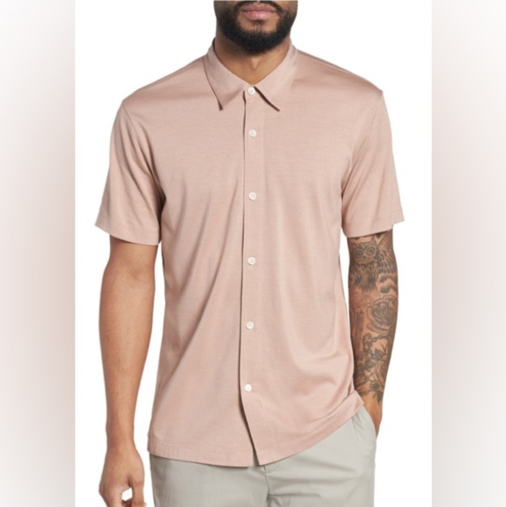 Theory Light Lotus Silk Blend Short Sleeve Incisive Button Up Shirt XL